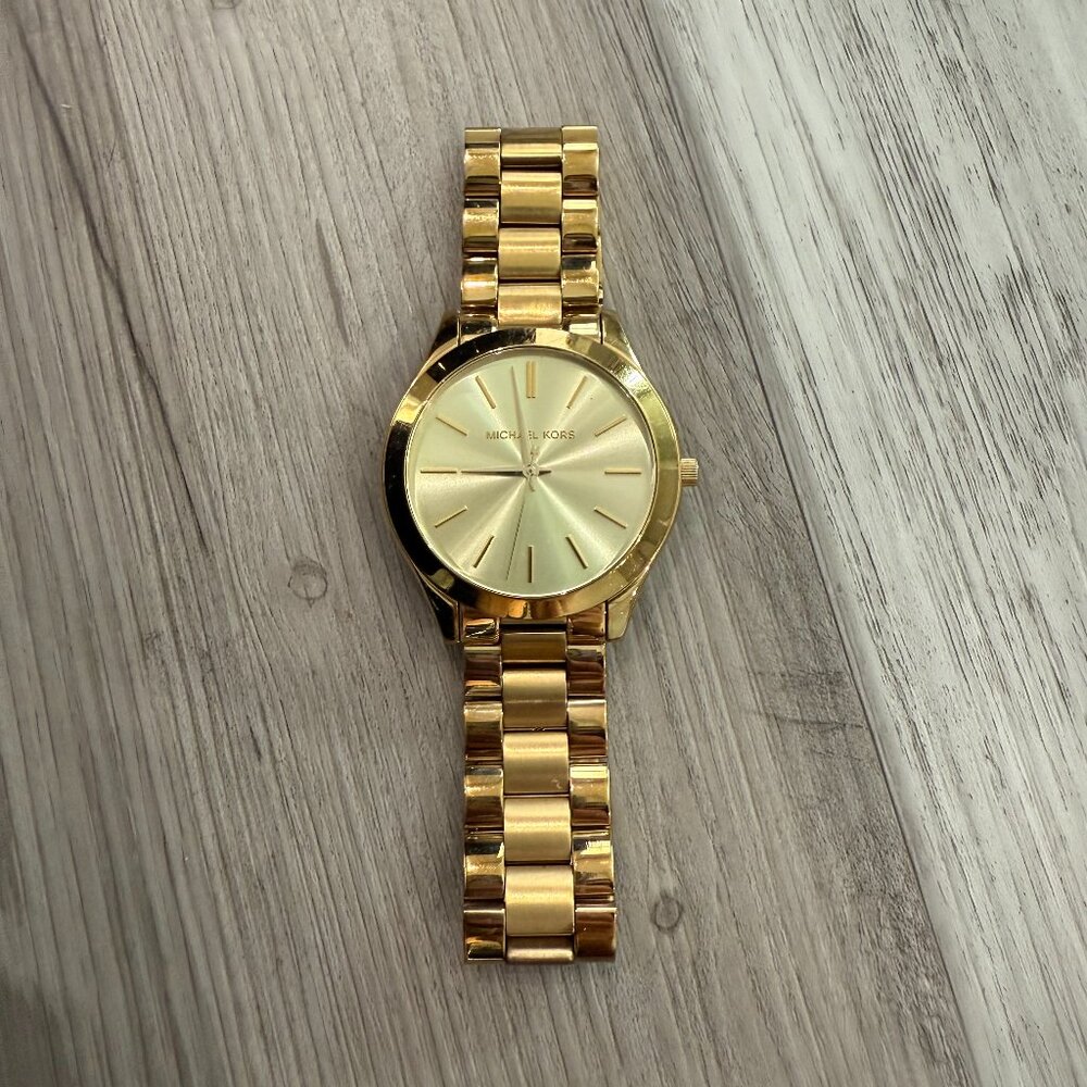 Michael Kors Slim Runway 42 mm Stainless Steel Case Women's Gold-Tone Wrist...
